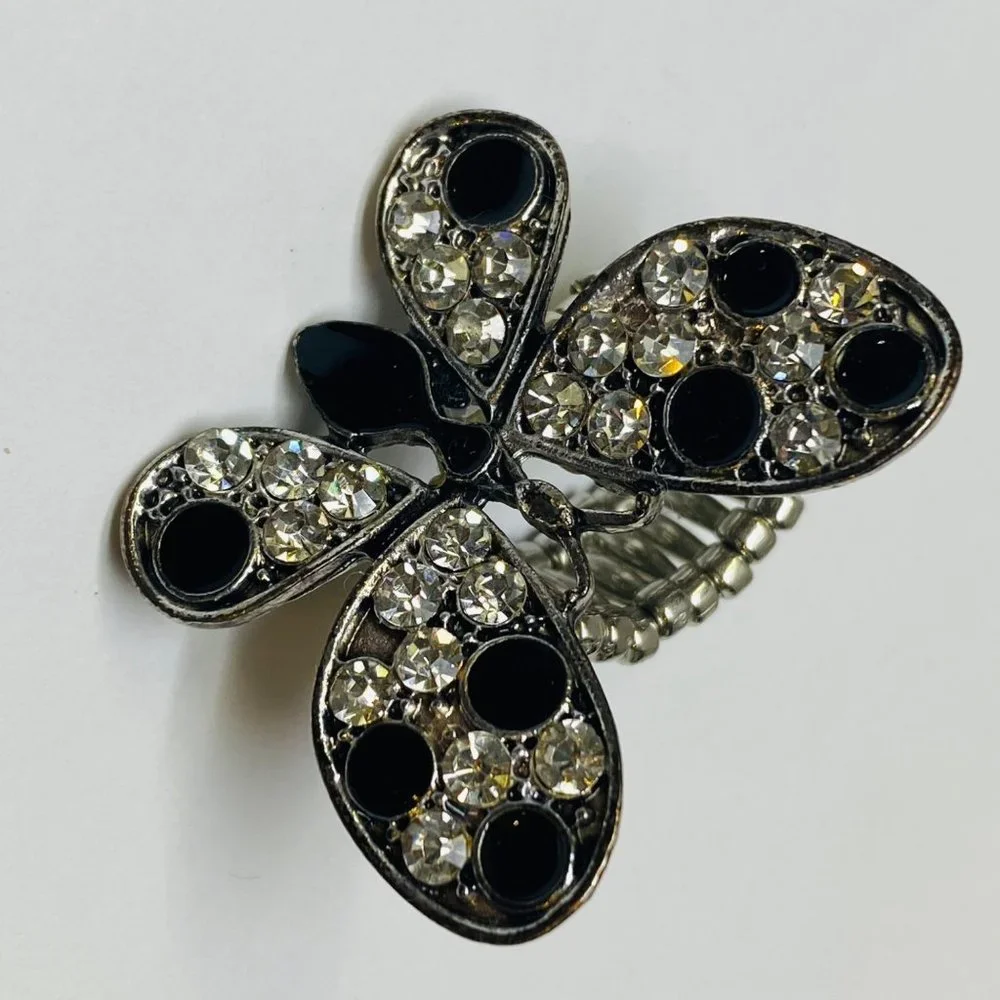 Ring Stretch Butterfly Shape Women Rhinestone Accents Enamel Silver Color Metal - Picture 2 of 16